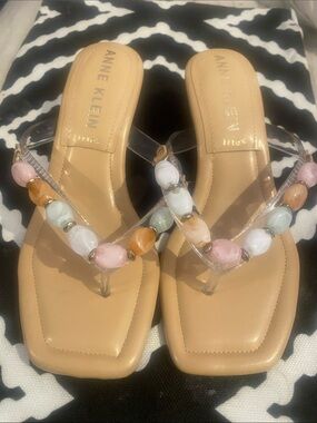 Anne Klein Tan Beaded Thong Sandals with Pastel Accents